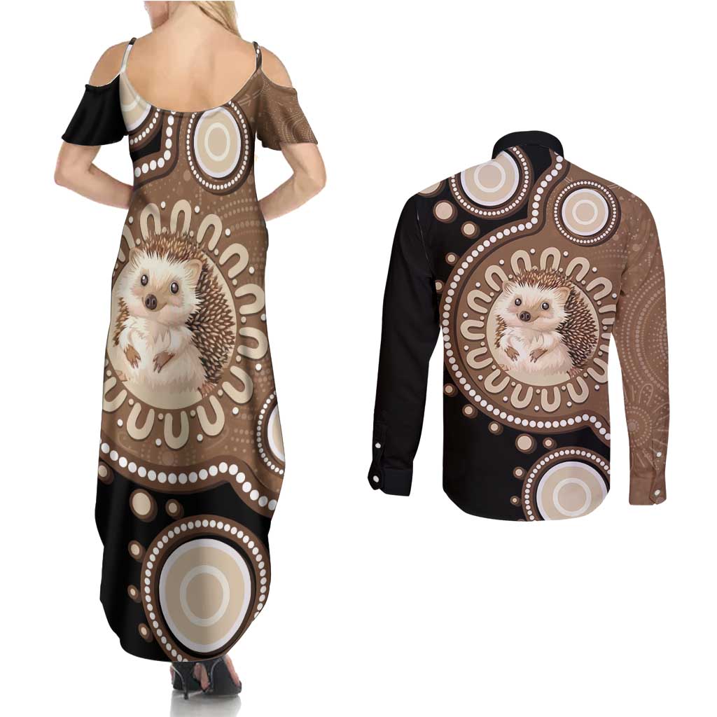 Hedgehog Indigenous Art Australia Couples Matching Summer Maxi Dress and Long Sleeve Button Shirt - Aussie Hoodie