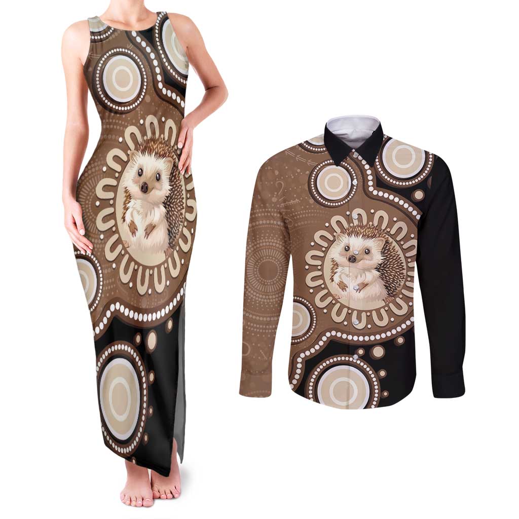 Hedgehog Indigenous Art Australia Couples Matching Tank Maxi Dress and Long Sleeve Button Shirt - Aussie Hoodie