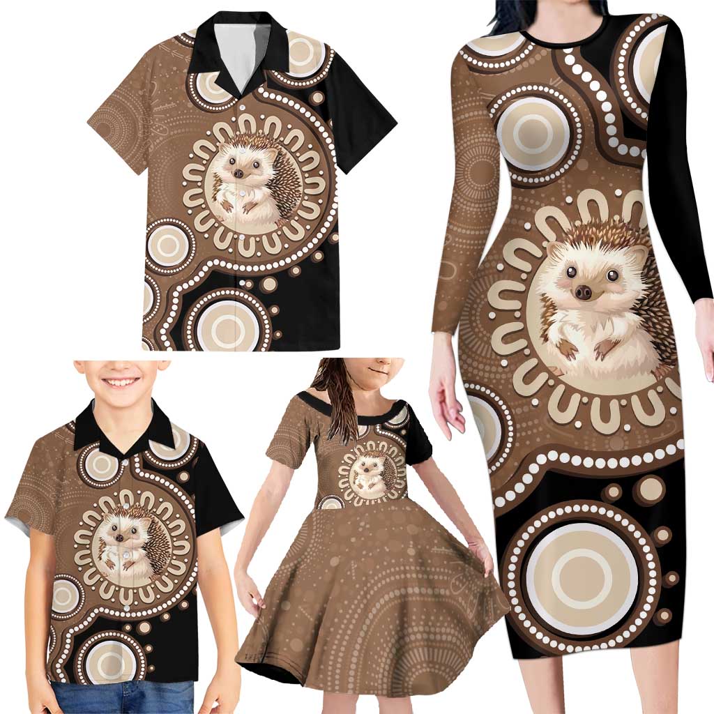 Hedgehog Indigenous Art Australia Family Matching Long Sleeve Bodycon Dress and Hawaiian Shirt - Aussie Hoodie