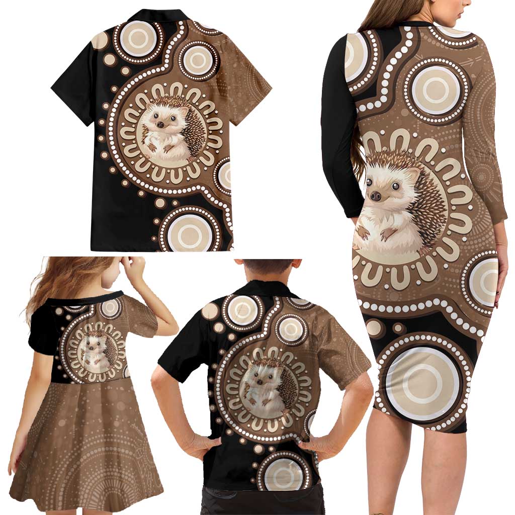 Hedgehog Indigenous Art Australia Family Matching Long Sleeve Bodycon Dress and Hawaiian Shirt - Aussie Hoodie