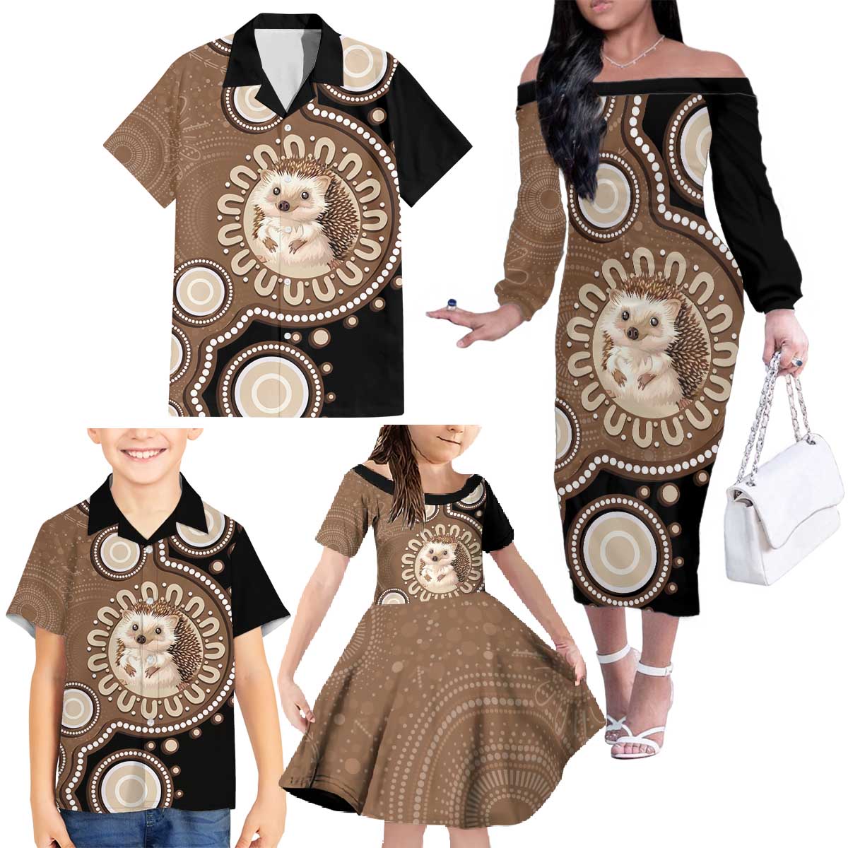 Hedgehog Indigenous Art Australia Family Matching Off The Shoulder Long Sleeve Dress and Hawaiian Shirt - Aussie Hoodie