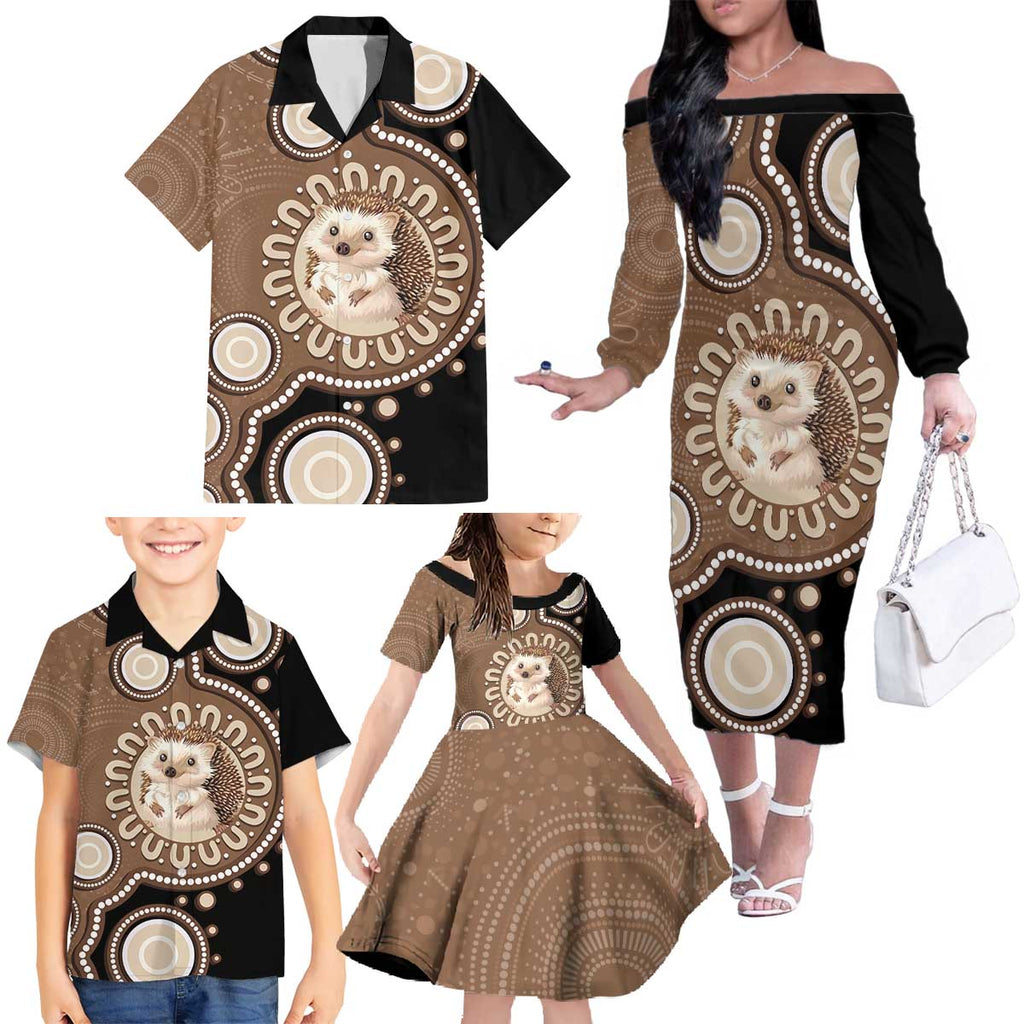 Hedgehog Indigenous Art Australia Family Matching Off The Shoulder Long Sleeve Dress and Hawaiian Shirt - Aussie Hoodie