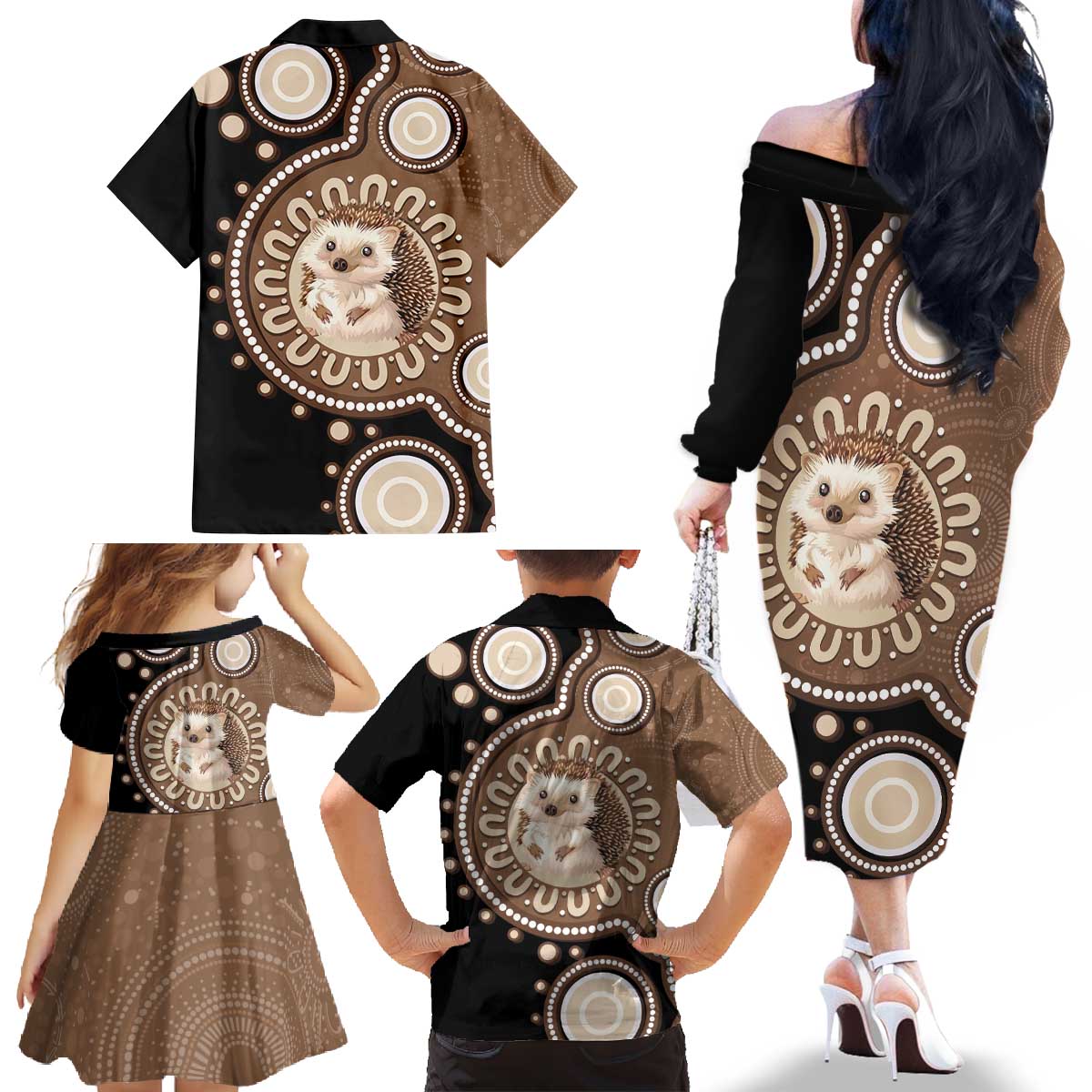 Hedgehog Indigenous Art Australia Family Matching Off The Shoulder Long Sleeve Dress and Hawaiian Shirt - Aussie Hoodie