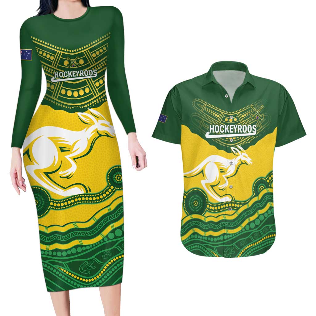 Custom Australia Hockeyroos Couples Matching Long Sleeve Bodycon Dress and Hawaiian Shirt Aussie Kangaroo Indigenous Art