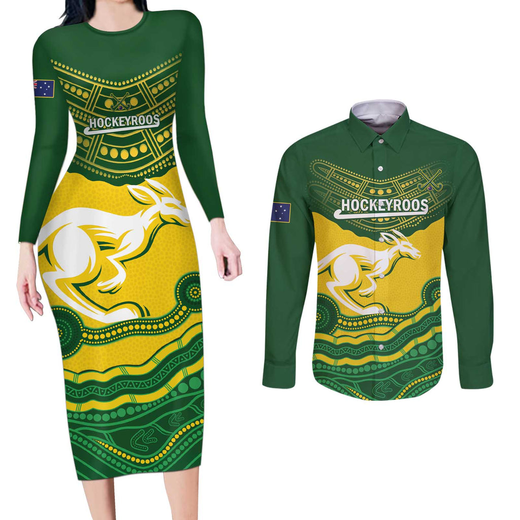 Custom Australia Hockeyroos Couples Matching Long Sleeve Bodycon Dress and Long Sleeve Button Shirt Aussie Kangaroo Indigenous Art