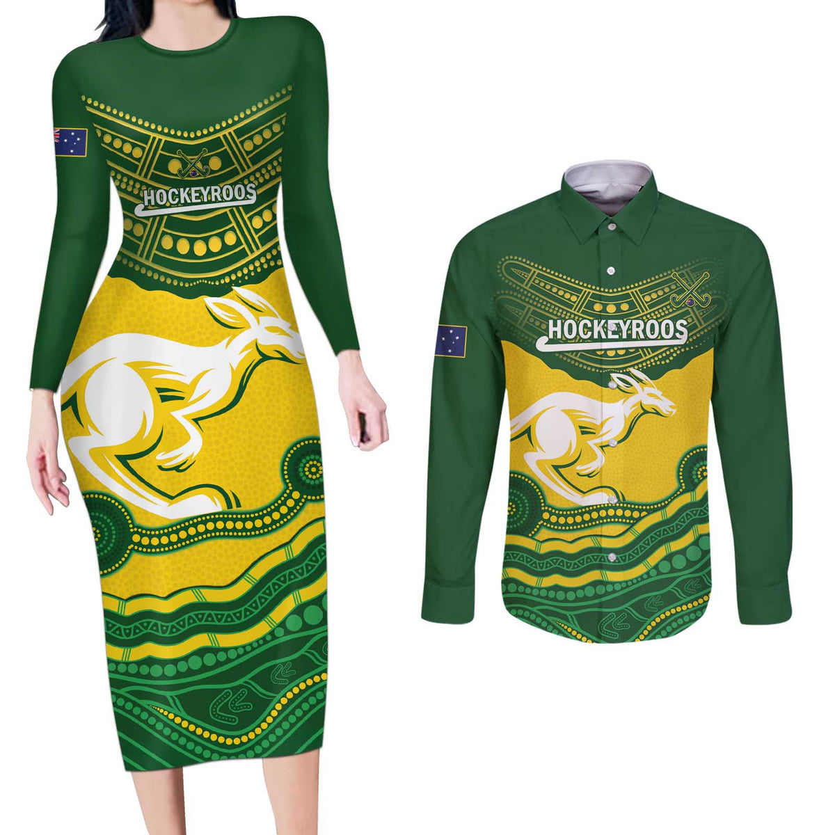 Custom Australia Hockeyroos Couples Matching Long Sleeve Bodycon Dress and Long Sleeve Button Shirt Aussie Kangaroo Indigenous Art