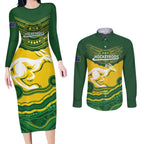 Custom Australia Hockeyroos Couples Matching Long Sleeve Bodycon Dress and Long Sleeve Button Shirt Aussie Kangaroo Indigenous Art