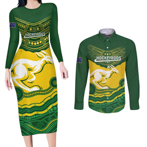 Custom Australia Hockeyroos Couples Matching Long Sleeve Bodycon Dress and Long Sleeve Button Shirt Aussie Kangaroo Indigenous Art