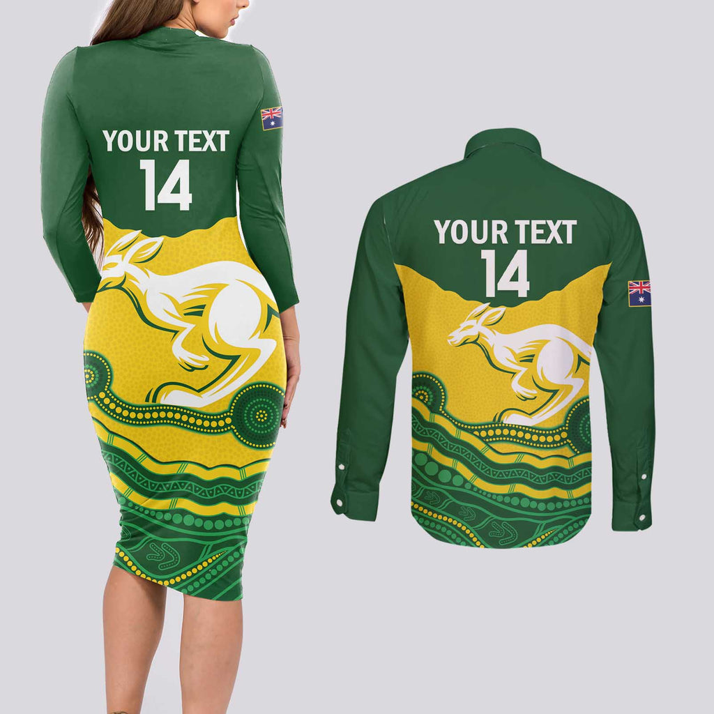 Custom Australia Hockeyroos Couples Matching Long Sleeve Bodycon Dress and Long Sleeve Button Shirt Aussie Kangaroo Indigenous Art