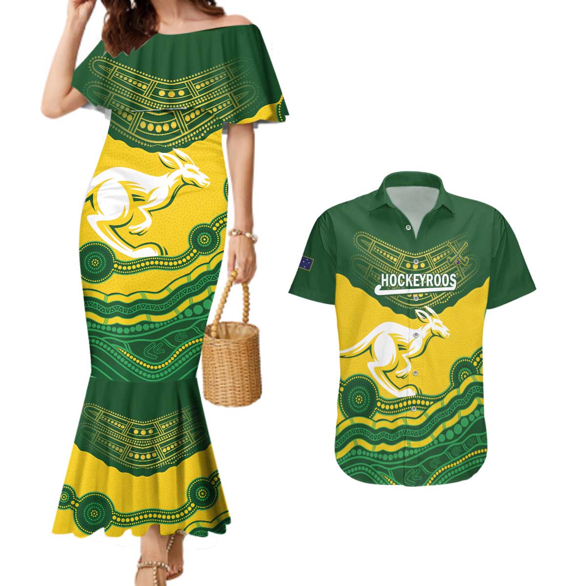 Custom Australia Hockeyroos Couples Matching Mermaid Dress and Hawaiian Shirt Aussie Kangaroo Indigenous Art
