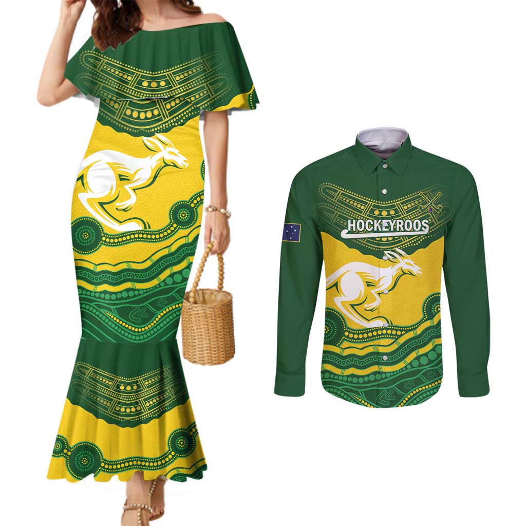 Custom Australia Hockeyroos Couples Matching Mermaid Dress and Long Sleeve Button Shirt Aussie Kangaroo Indigenous Art