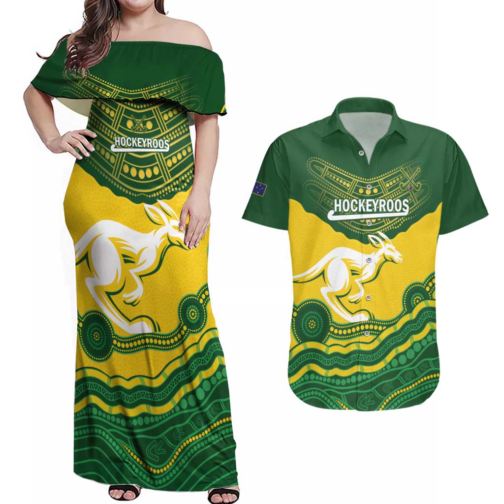 Custom Australia Hockeyroos Couples Matching Off Shoulder Maxi Dress and Hawaiian Shirt Aussie Kangaroo Indigenous Art
