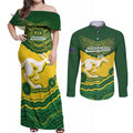 Custom Australia Hockeyroos Couples Matching Off Shoulder Maxi Dress and Long Sleeve Button Shirt Aussie Kangaroo Indigenous Art