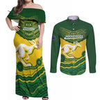 Custom Australia Hockeyroos Couples Matching Off Shoulder Maxi Dress and Long Sleeve Button Shirt Aussie Kangaroo Indigenous Art