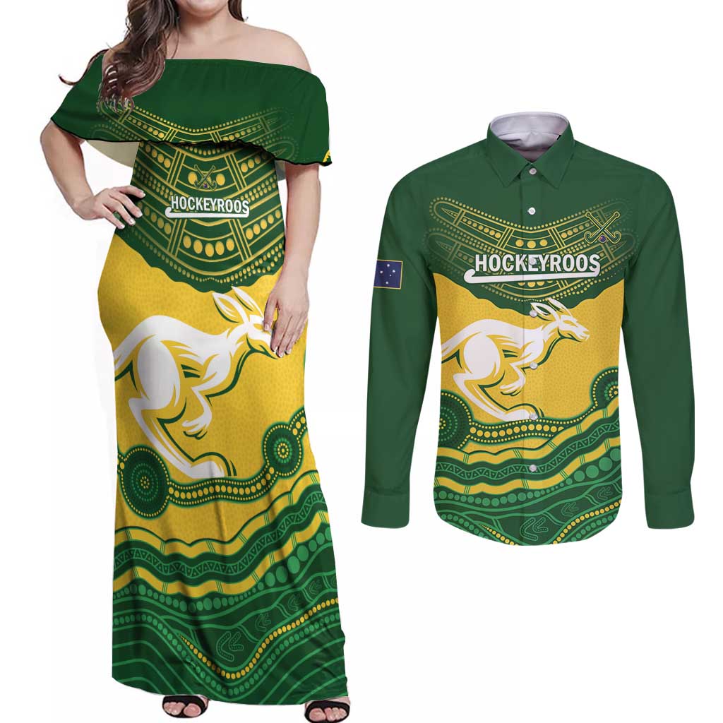 Custom Australia Hockeyroos Couples Matching Off Shoulder Maxi Dress and Long Sleeve Button Shirt Aussie Kangaroo Indigenous Art
