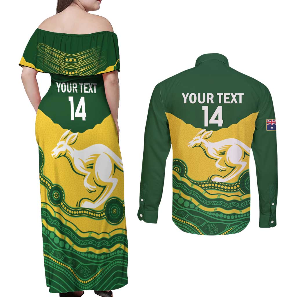 Custom Australia Hockeyroos Couples Matching Off Shoulder Maxi Dress and Long Sleeve Button Shirt Aussie Kangaroo Indigenous Art