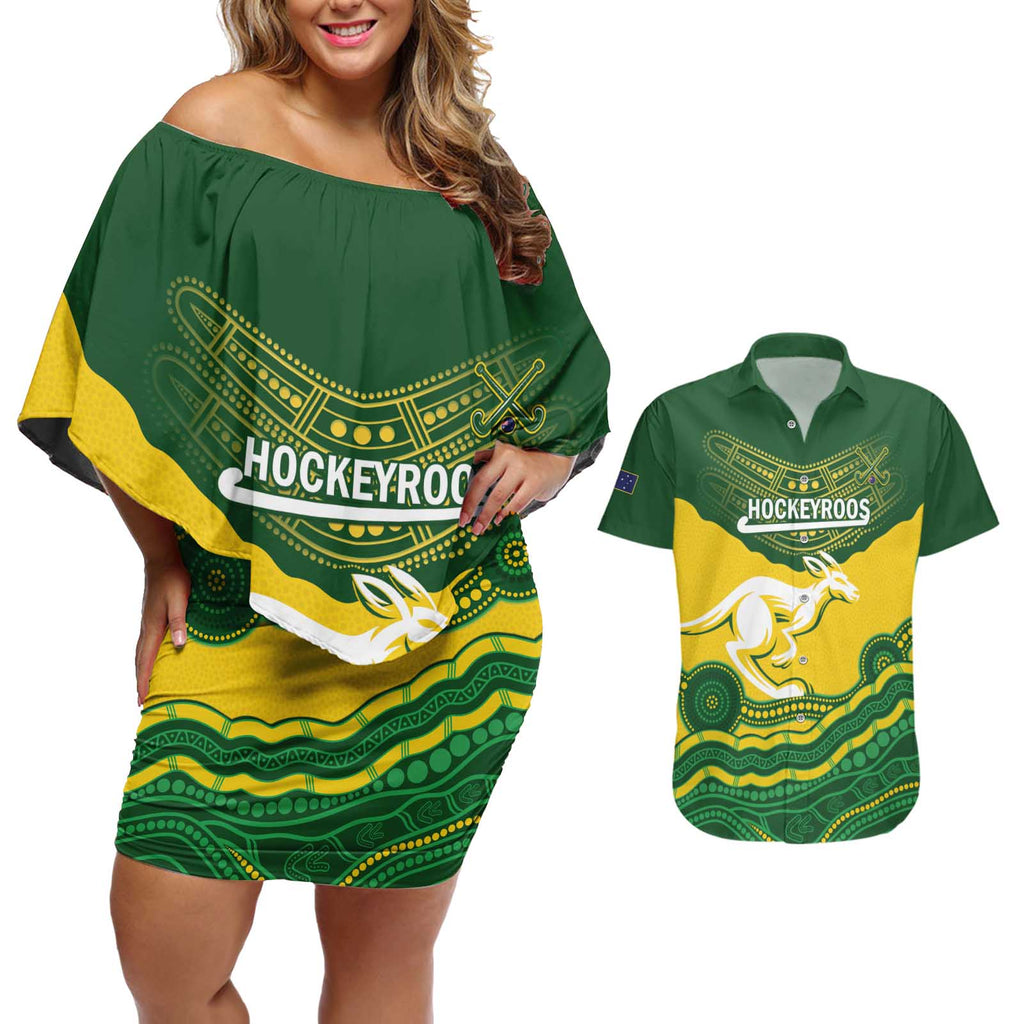 Custom Australia Hockeyroos Couples Matching Off Shoulder Short Dress and Hawaiian Shirt Aussie Kangaroo Indigenous Art