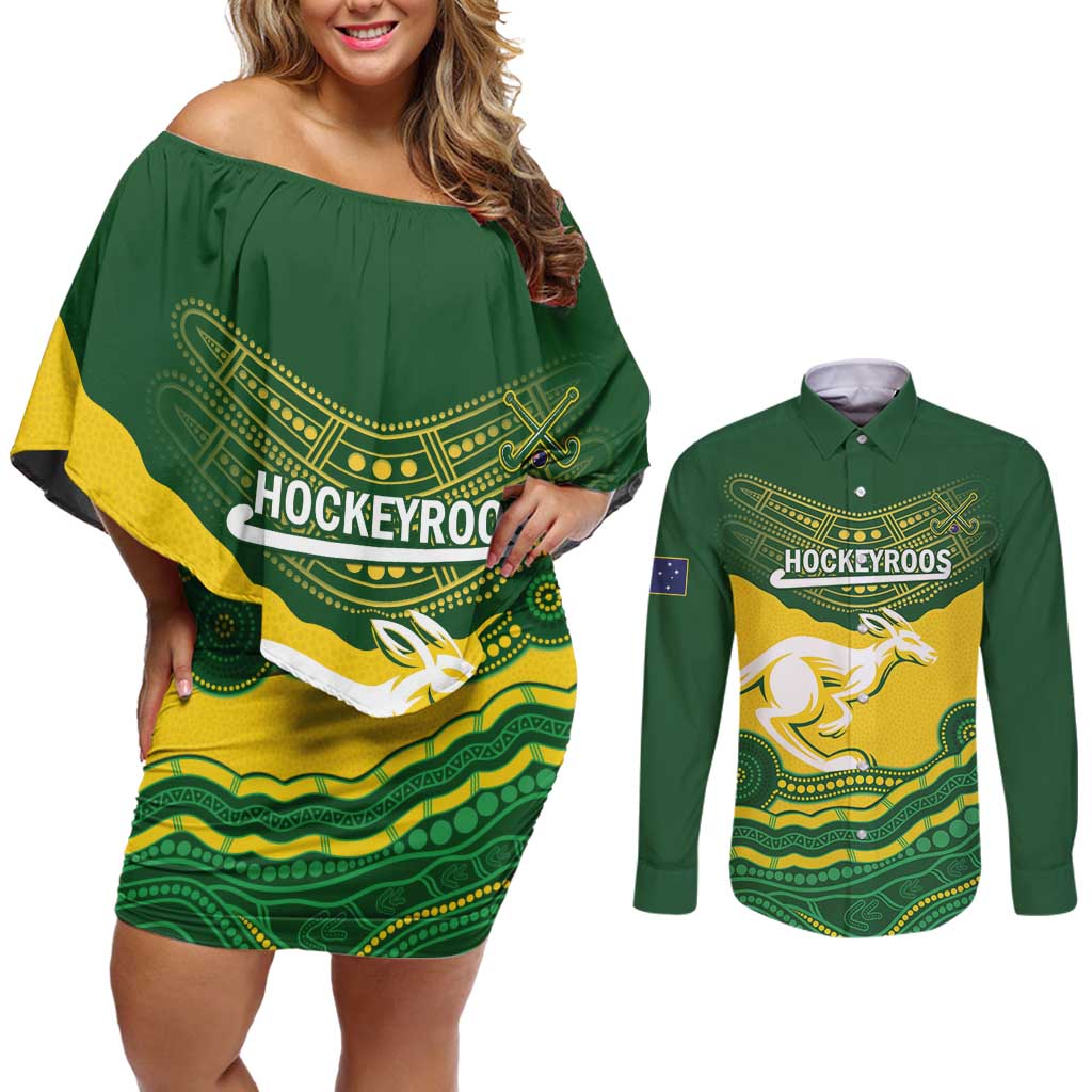 Custom Australia Hockeyroos Couples Matching Off Shoulder Short Dress and Long Sleeve Button Shirt Aussie Kangaroo Indigenous Art