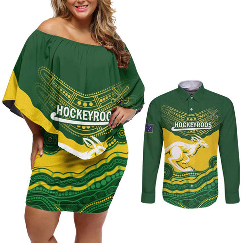 Custom Australia Hockeyroos Couples Matching Off Shoulder Short Dress and Long Sleeve Button Shirt Aussie Kangaroo Indigenous Art