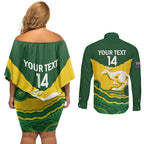 Custom Australia Hockeyroos Couples Matching Off Shoulder Short Dress and Long Sleeve Button Shirt Aussie Kangaroo Indigenous Art