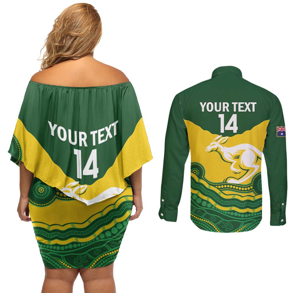 Custom Australia Hockeyroos Couples Matching Off Shoulder Short Dress and Long Sleeve Button Shirt Aussie Kangaroo Indigenous Art