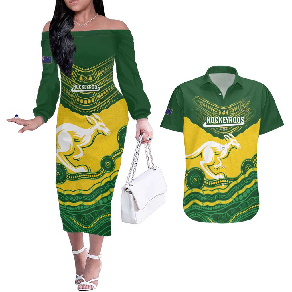 Custom Australia Hockeyroos Couples Matching Off The Shoulder Long Sleeve Dress and Hawaiian Shirt Aussie Kangaroo Indigenous Art