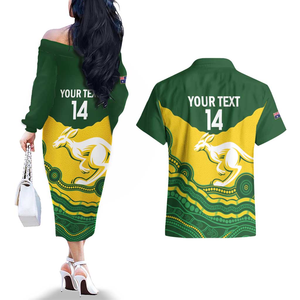 Custom Australia Hockeyroos Couples Matching Off The Shoulder Long Sleeve Dress and Hawaiian Shirt Aussie Kangaroo Indigenous Art