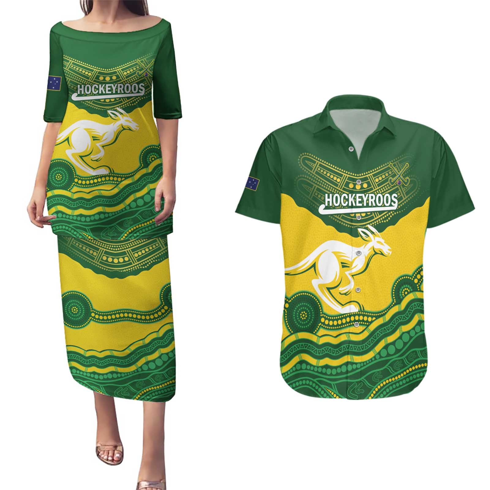 Custom Australia Hockeyroos Couples Matching Puletasi and Hawaiian Shirt Aussie Kangaroo Indigenous Art