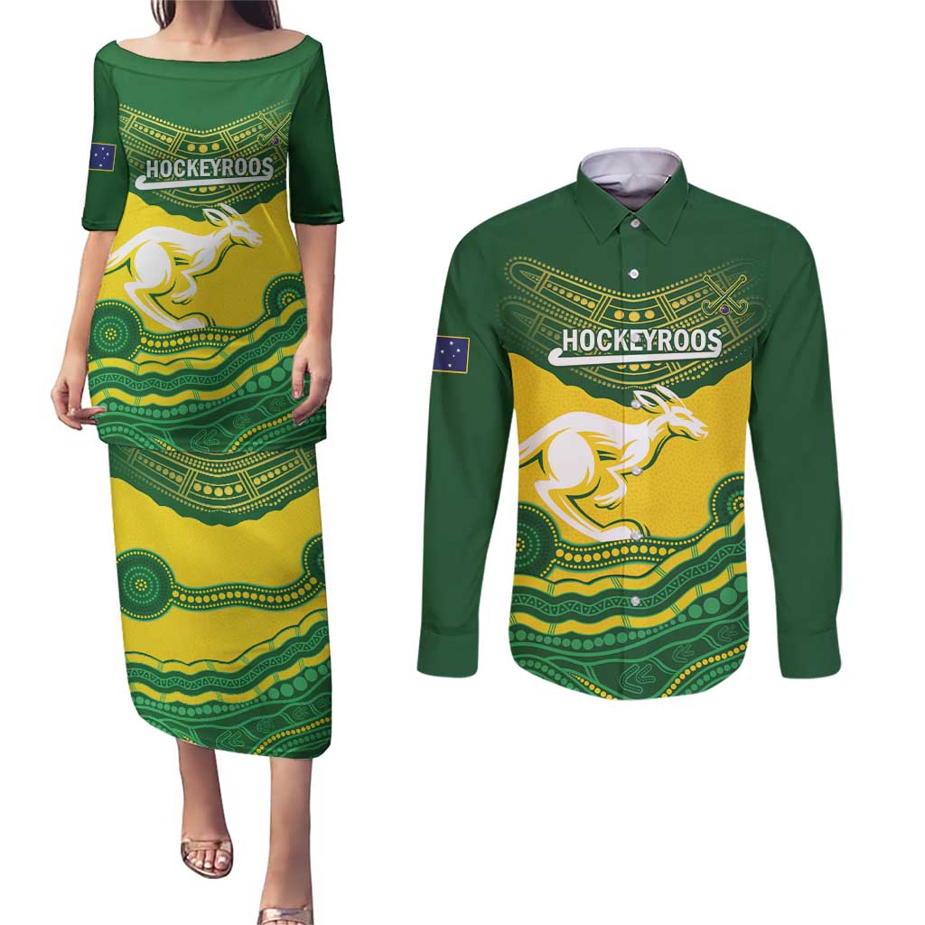 Custom Australia Hockeyroos Couples Matching Puletasi and Long Sleeve Button Shirt Aussie Kangaroo Indigenous Art