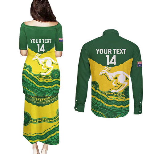 Custom Australia Hockeyroos Couples Matching Puletasi and Long Sleeve Button Shirt Aussie Kangaroo Indigenous Art