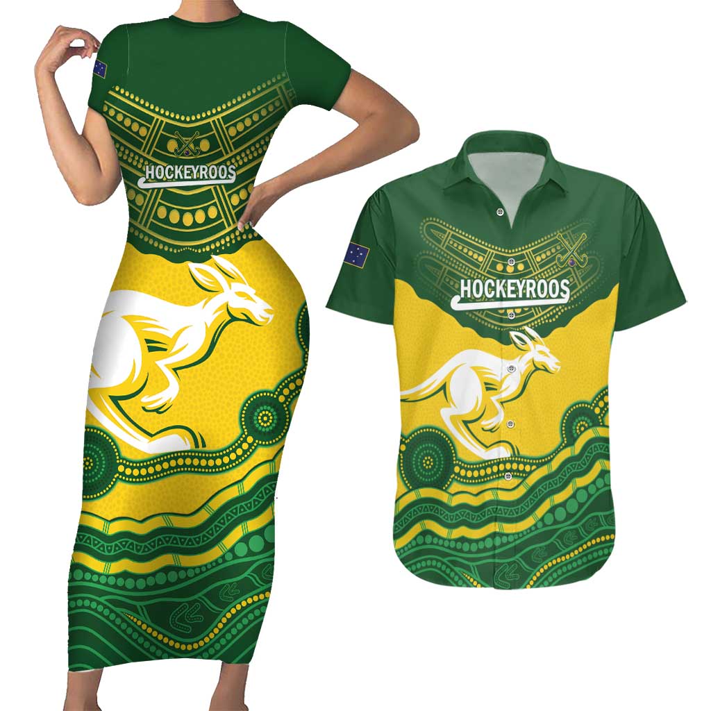 Custom Australia Hockeyroos Couples Matching Short Sleeve Bodycon Dress and Hawaiian Shirt Aussie Kangaroo Indigenous Art