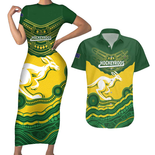 Custom Australia Hockeyroos Couples Matching Short Sleeve Bodycon Dress and Hawaiian Shirt Aussie Kangaroo Indigenous Art