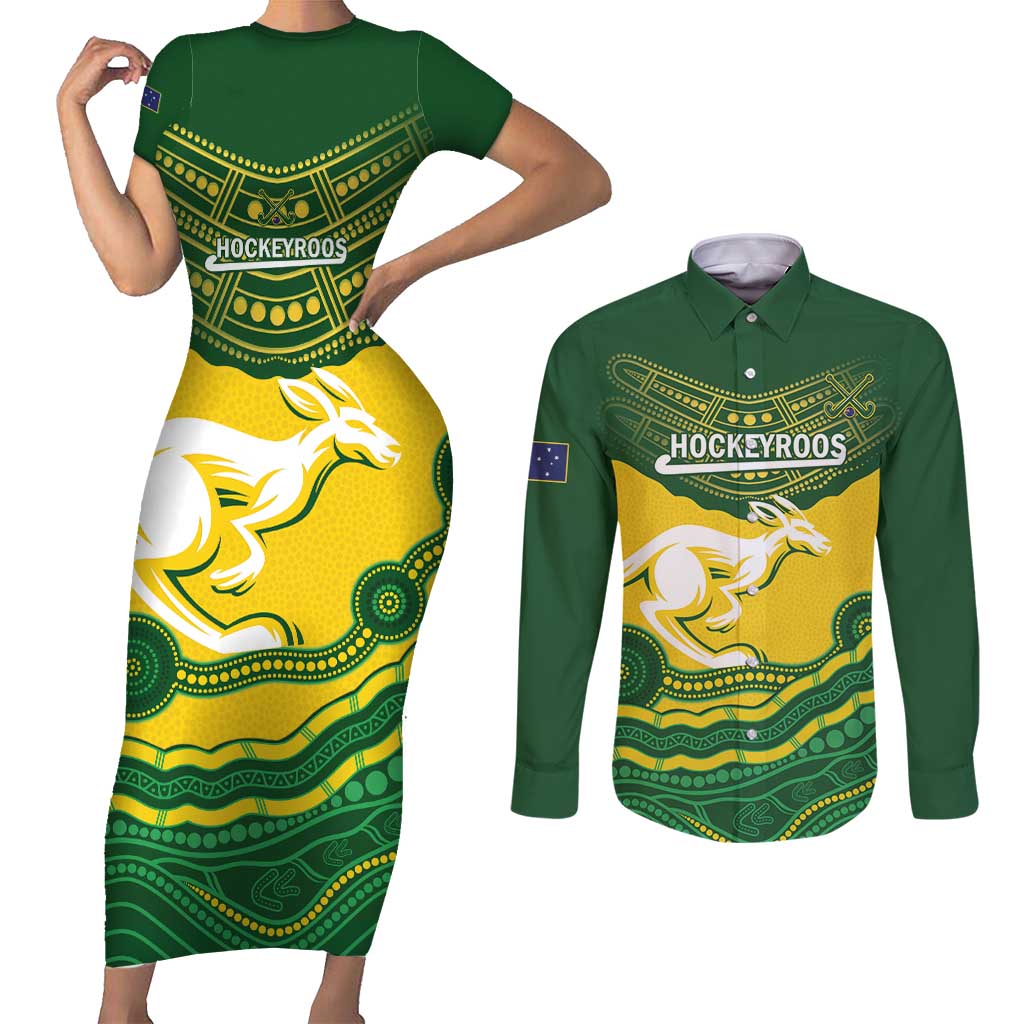 Custom Australia Hockeyroos Couples Matching Short Sleeve Bodycon Dress and Long Sleeve Button Shirt Aussie Kangaroo Indigenous Art