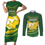 Custom Australia Hockeyroos Couples Matching Short Sleeve Bodycon Dress and Long Sleeve Button Shirt Aussie Kangaroo Indigenous Art