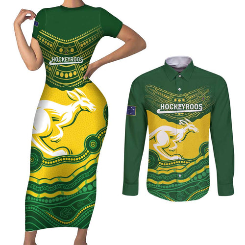 Custom Australia Hockeyroos Couples Matching Short Sleeve Bodycon Dress and Long Sleeve Button Shirt Aussie Kangaroo Indigenous Art