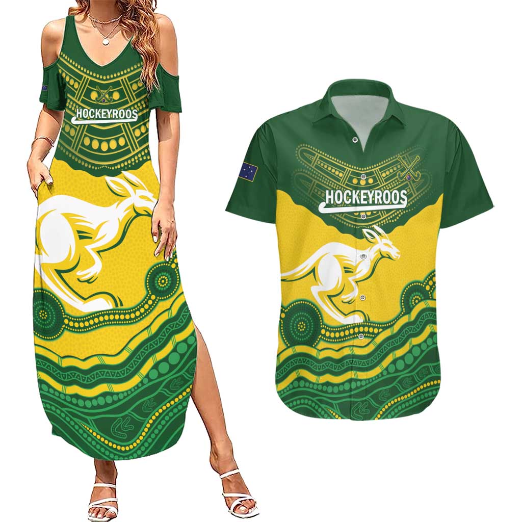 Custom Australia Hockeyroos Couples Matching Summer Maxi Dress and Hawaiian Shirt Aussie Kangaroo Indigenous Art