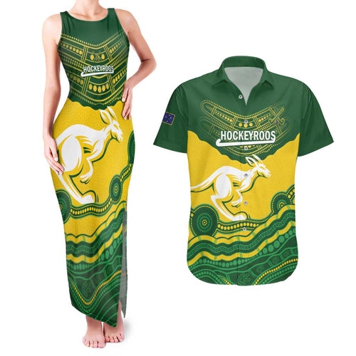 Custom Australia Hockeyroos Couples Matching Tank Maxi Dress and Hawaiian Shirt Aussie Kangaroo Indigenous Art