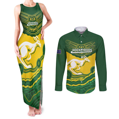 Custom Australia Hockeyroos Couples Matching Tank Maxi Dress and Long Sleeve Button Shirt Aussie Kangaroo Indigenous Art