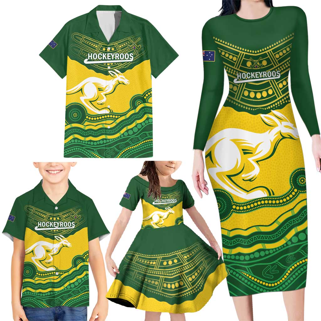 Custom Australia Hockeyroos Family Matching Long Sleeve Bodycon Dress and Hawaiian Shirt Aussie Kangaroo Indigenous Art