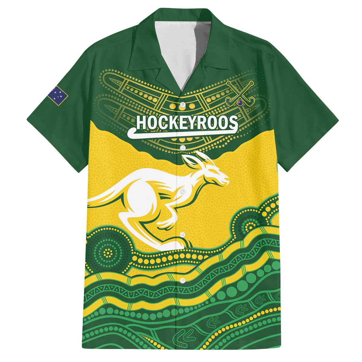 Custom Australia Hockeyroos Family Matching Off The Shoulder Long Sleeve Dress and Hawaiian Shirt Aussie Kangaroo Indigenous Art