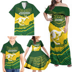 Custom Australia Hockeyroos Family Matching Off Shoulder Maxi Dress and Hawaiian Shirt Aussie Kangaroo Indigenous Art
