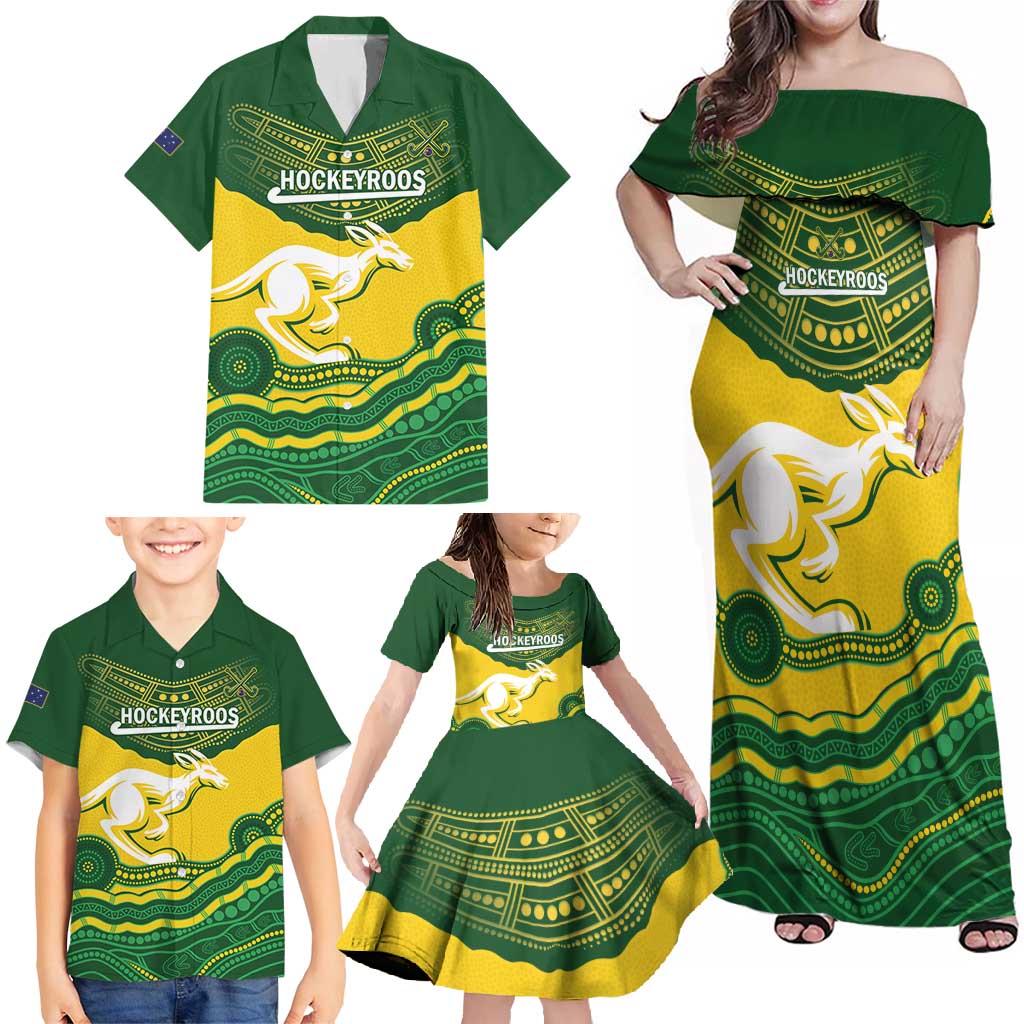 Custom Australia Hockeyroos Family Matching Off Shoulder Maxi Dress and Hawaiian Shirt Aussie Kangaroo Indigenous Art