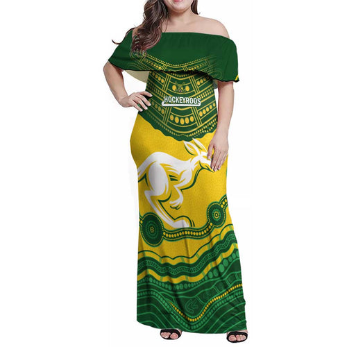 Custom Australia Hockeyroos Family Matching Off Shoulder Maxi Dress and Hawaiian Shirt Aussie Kangaroo Indigenous Art