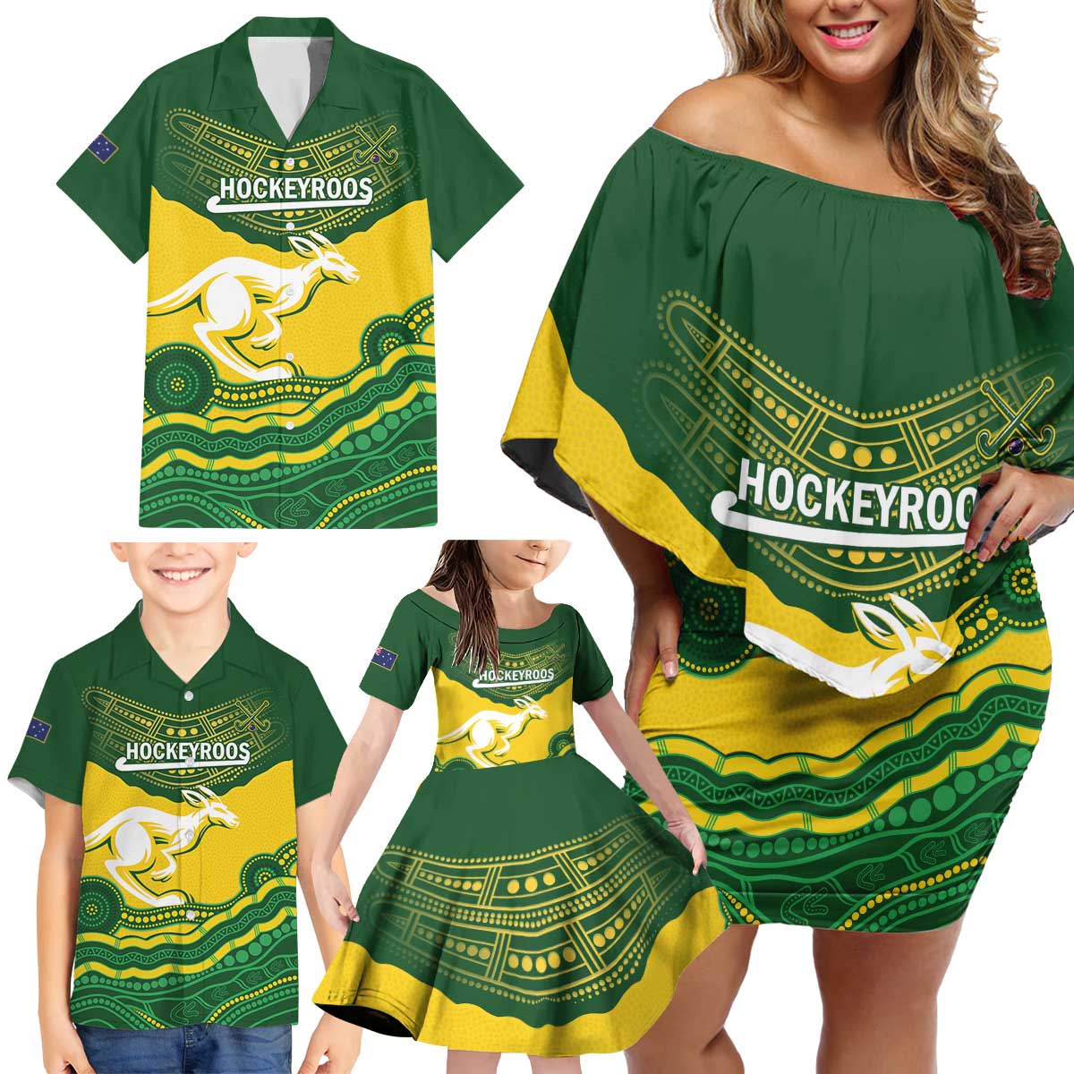 Custom Australia Hockeyroos Family Matching Off Shoulder Short Dress and Hawaiian Shirt Aussie Kangaroo Indigenous Art