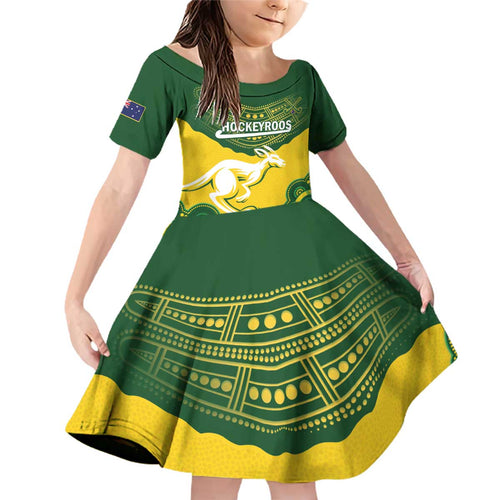 Custom Australia Hockeyroos Family Matching Off Shoulder Short Dress and Hawaiian Shirt Aussie Kangaroo Indigenous Art
