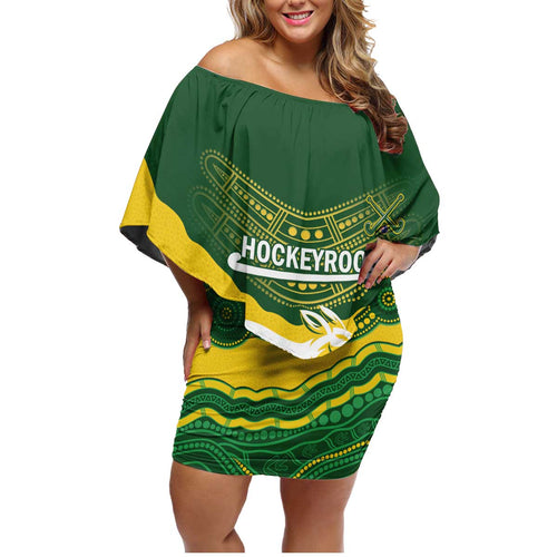Custom Australia Hockeyroos Family Matching Off Shoulder Short Dress and Hawaiian Shirt Aussie Kangaroo Indigenous Art