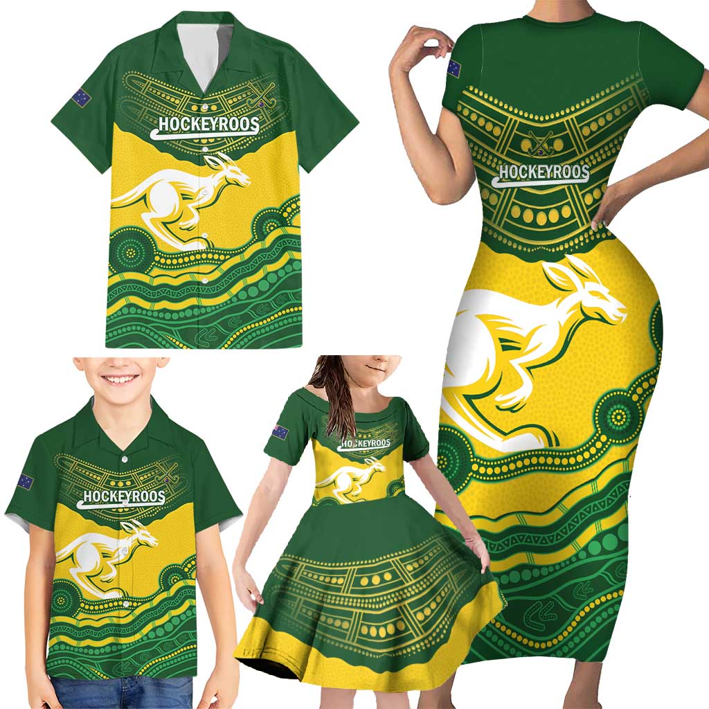 Custom Australia Hockeyroos Family Matching Short Sleeve Bodycon Dress and Hawaiian Shirt Aussie Kangaroo Indigenous Art