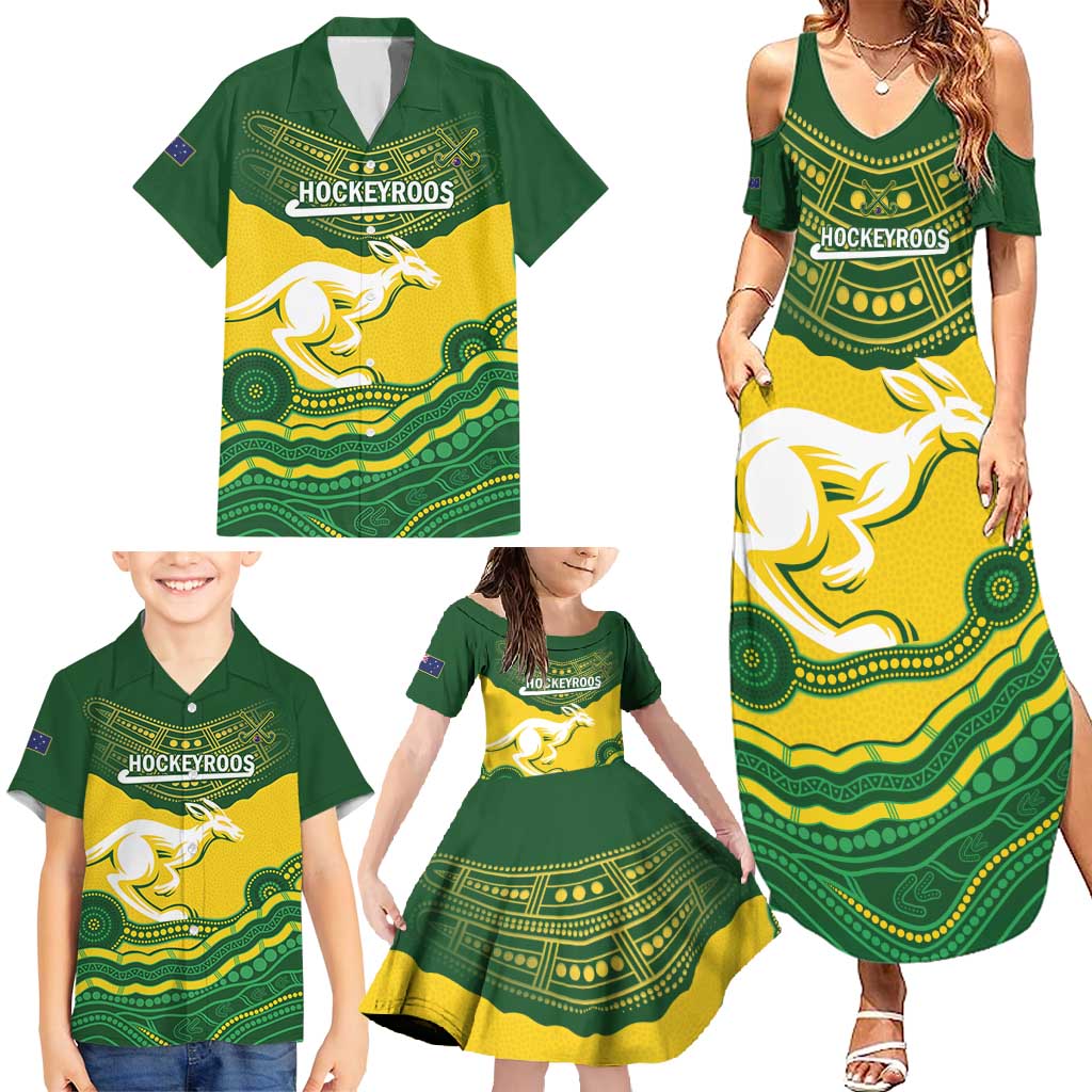 Custom Australia Hockeyroos Family Matching Summer Maxi Dress and Hawaiian Shirt Aussie Kangaroo Indigenous Art