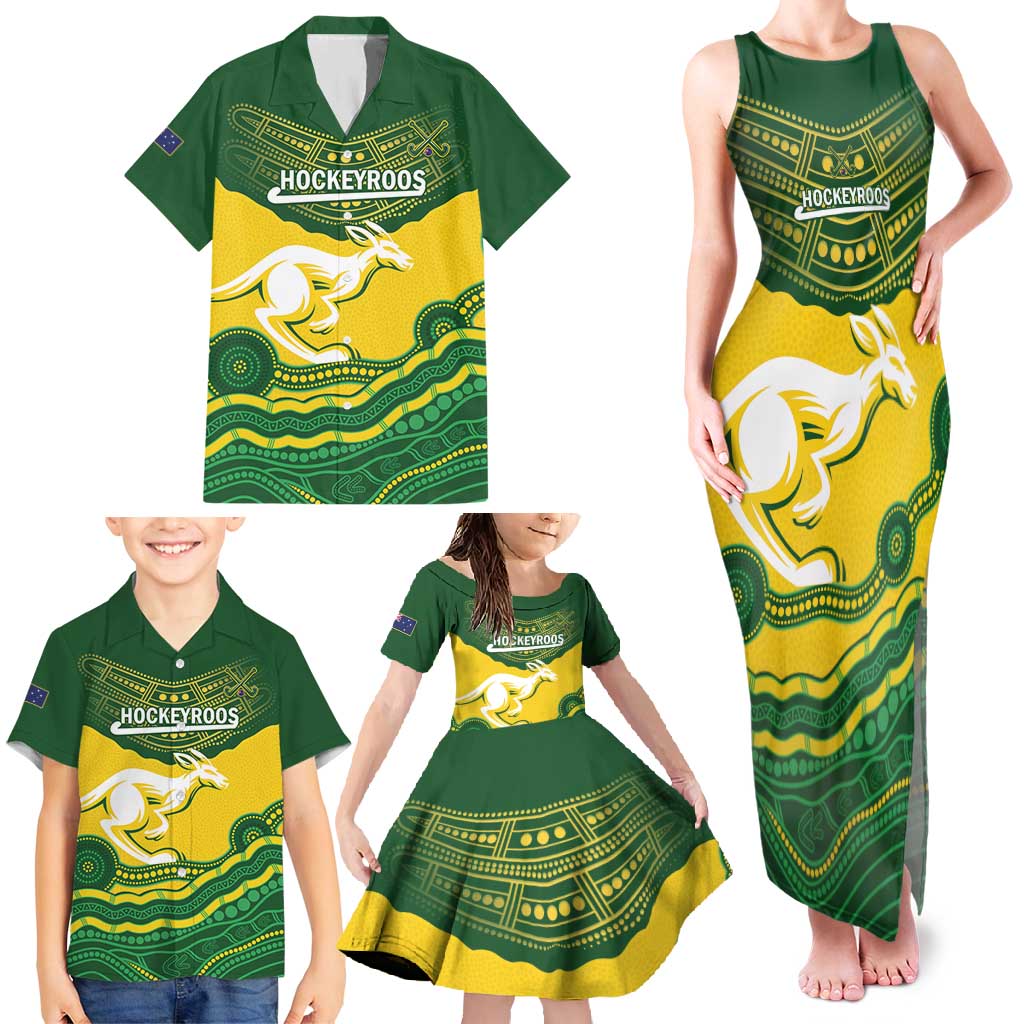 Custom Australia Hockeyroos Family Matching Tank Maxi Dress and Hawaiian Shirt Aussie Kangaroo Indigenous Art