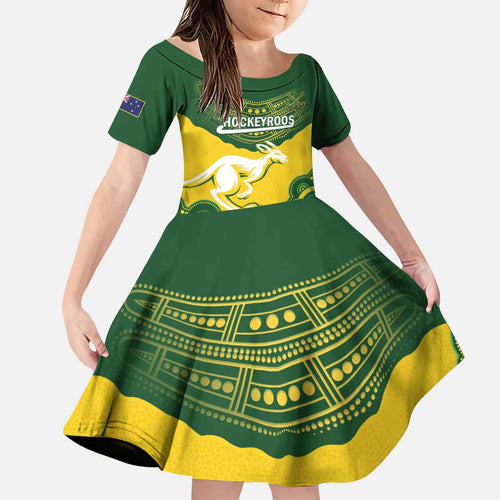 Custom Australia Hockeyroos Kid Short Sleeve Dress Aussie Kangaroo Indigenous Art